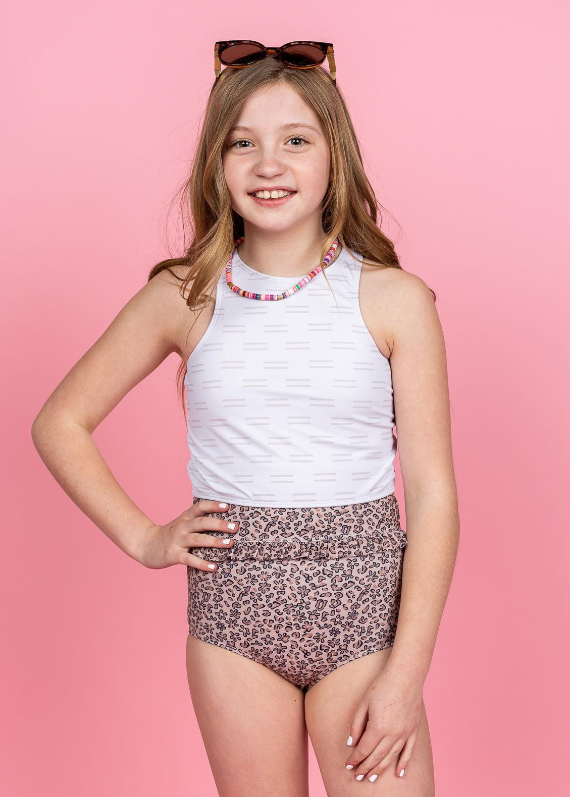 Teen Girl Crop Top Swimsuit - Taupe Dashes