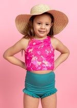 Girls Crop Top Swimsuit - Pink Blooms