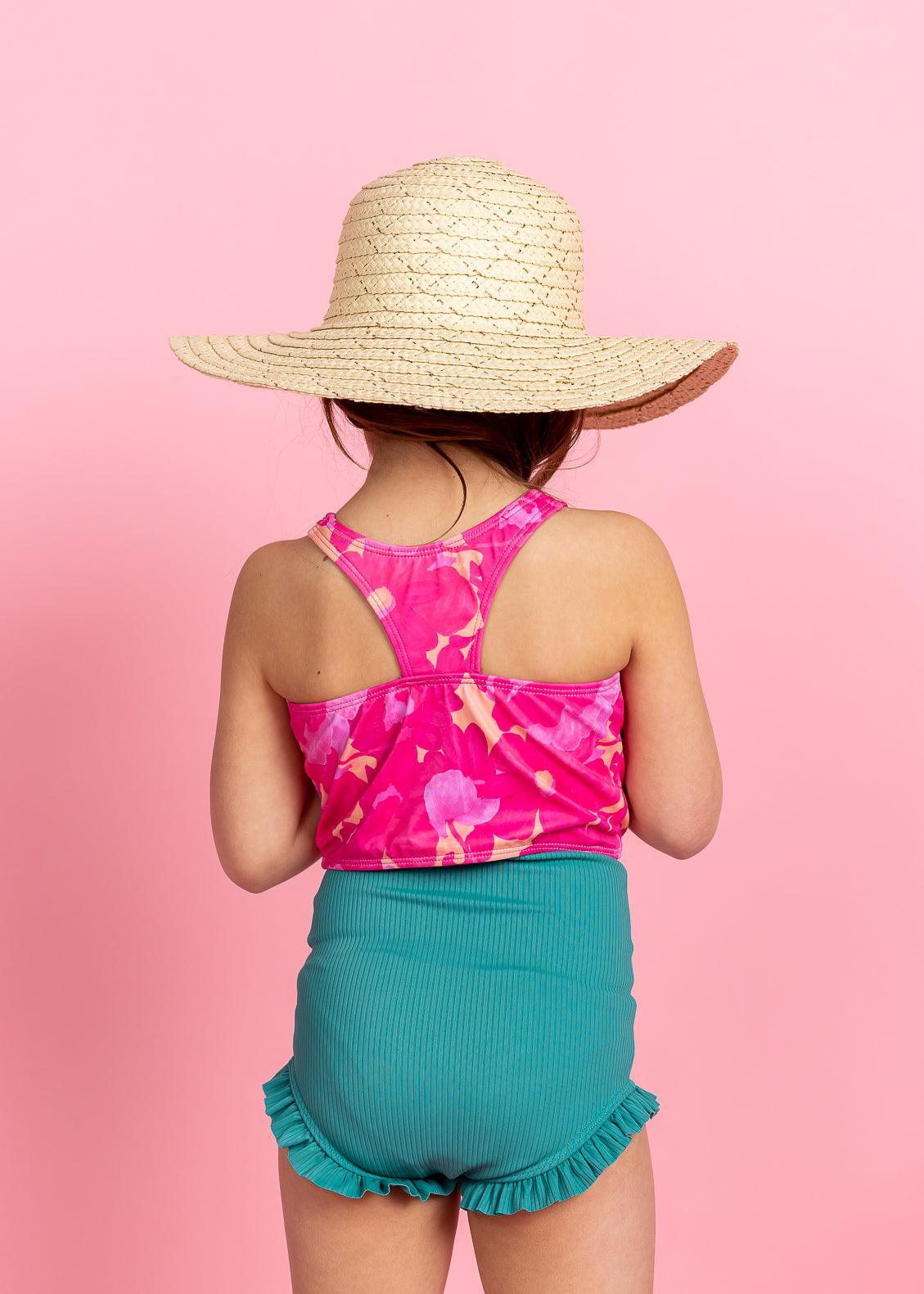 Girls Crop Top Swimsuit - Pink Blooms