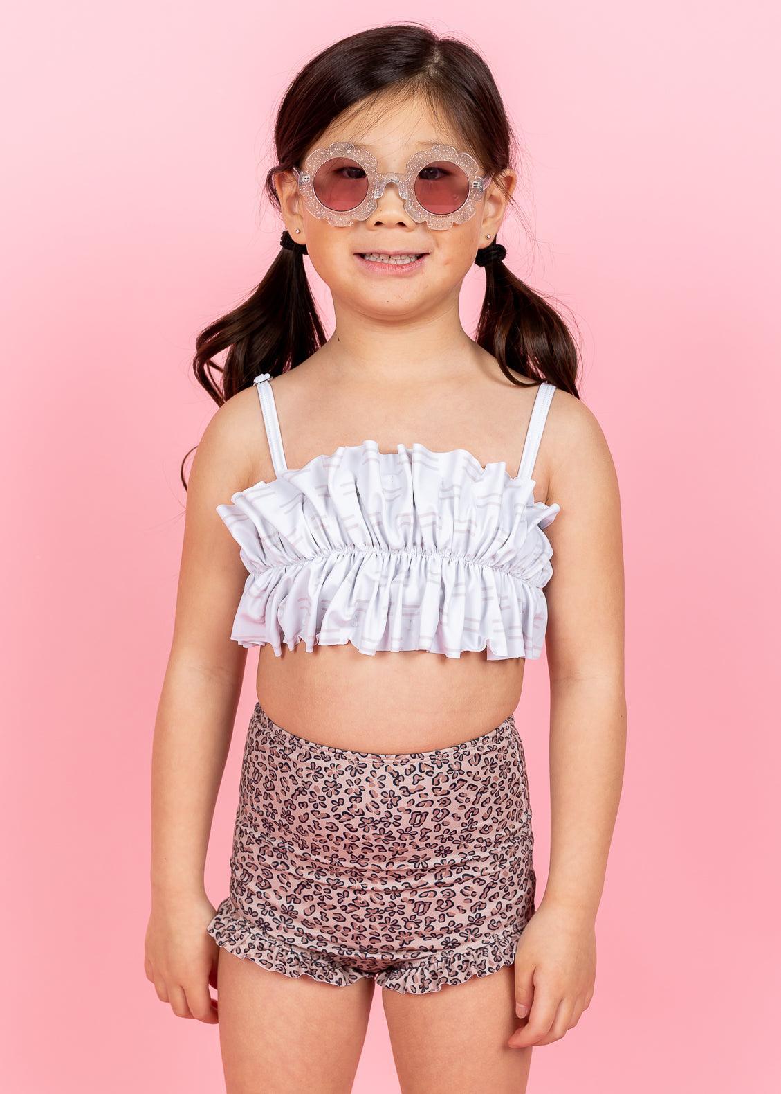 Girls Crop Top Swimsuit - Taupe Dashes