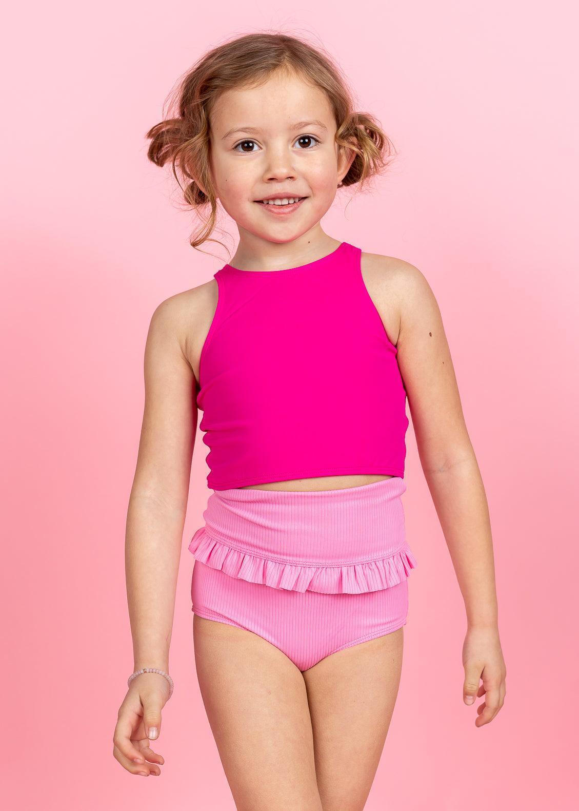 Girls High-Waisted Swimsuit Bottoms - Ribbed Sweet Pink