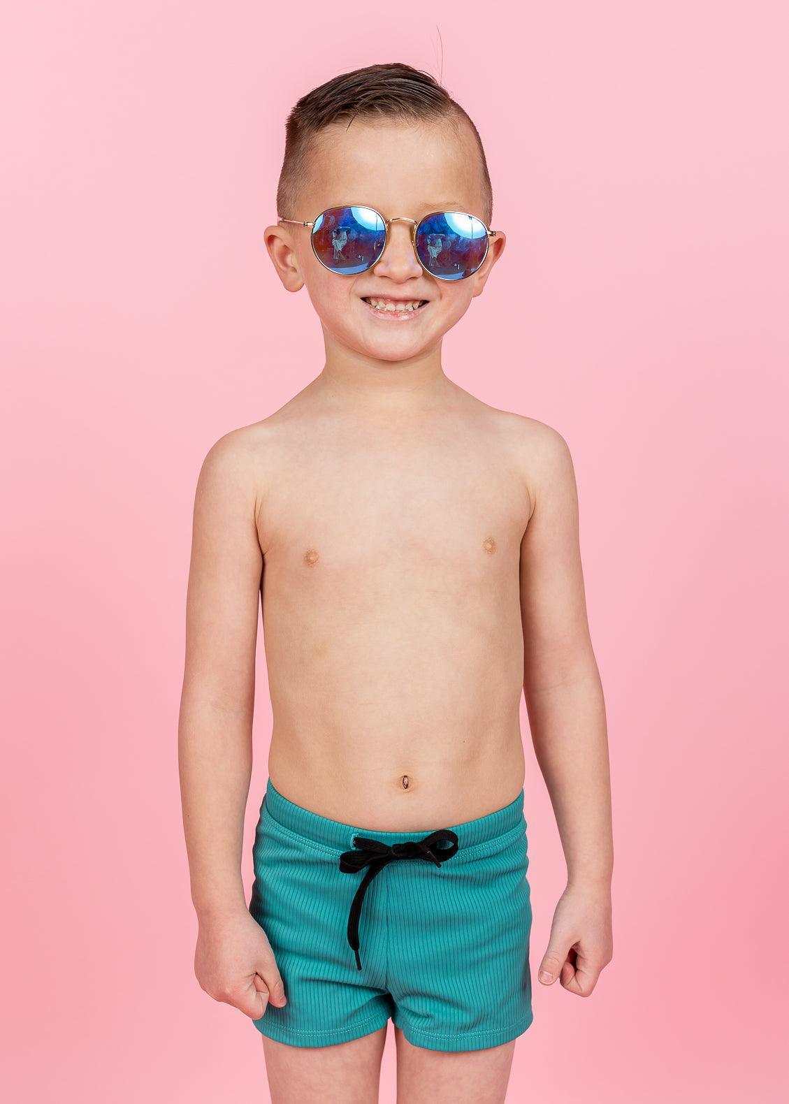 Boys Swimsuit - Shorts  - Ribbed Teal Waves