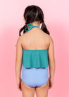 Girls Crop Top Swimsuit - Ribbed Teal Waves