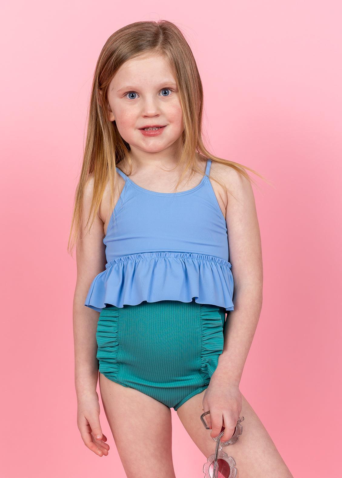 Girls High-Waisted Swimsuit Bottoms - Ribbed Teal Waves