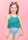 Girls Crop Top Swimsuit - Ribbed Teal Waves