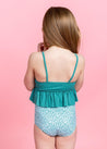 Girls Crop Top Swimsuit - Ribbed Teal Waves