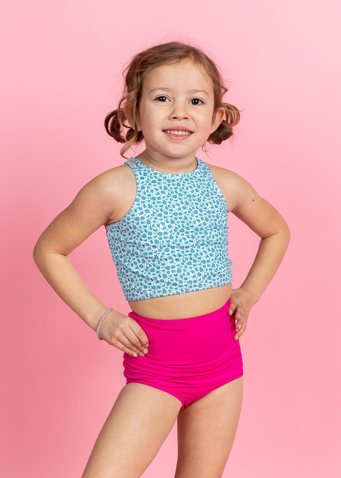 Girls Crop Top Swimsuit - Blue Ditsy Floral