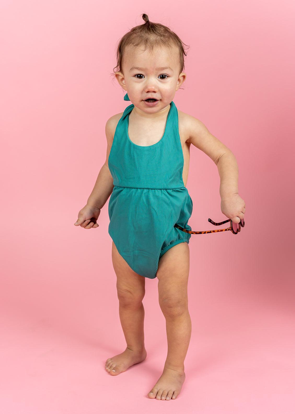 Baby Girl One-Piece Swimsuit - Ribbed Teal Waves