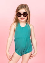 Girls One-Piece Swimsuit - Ribbed Teal Waves