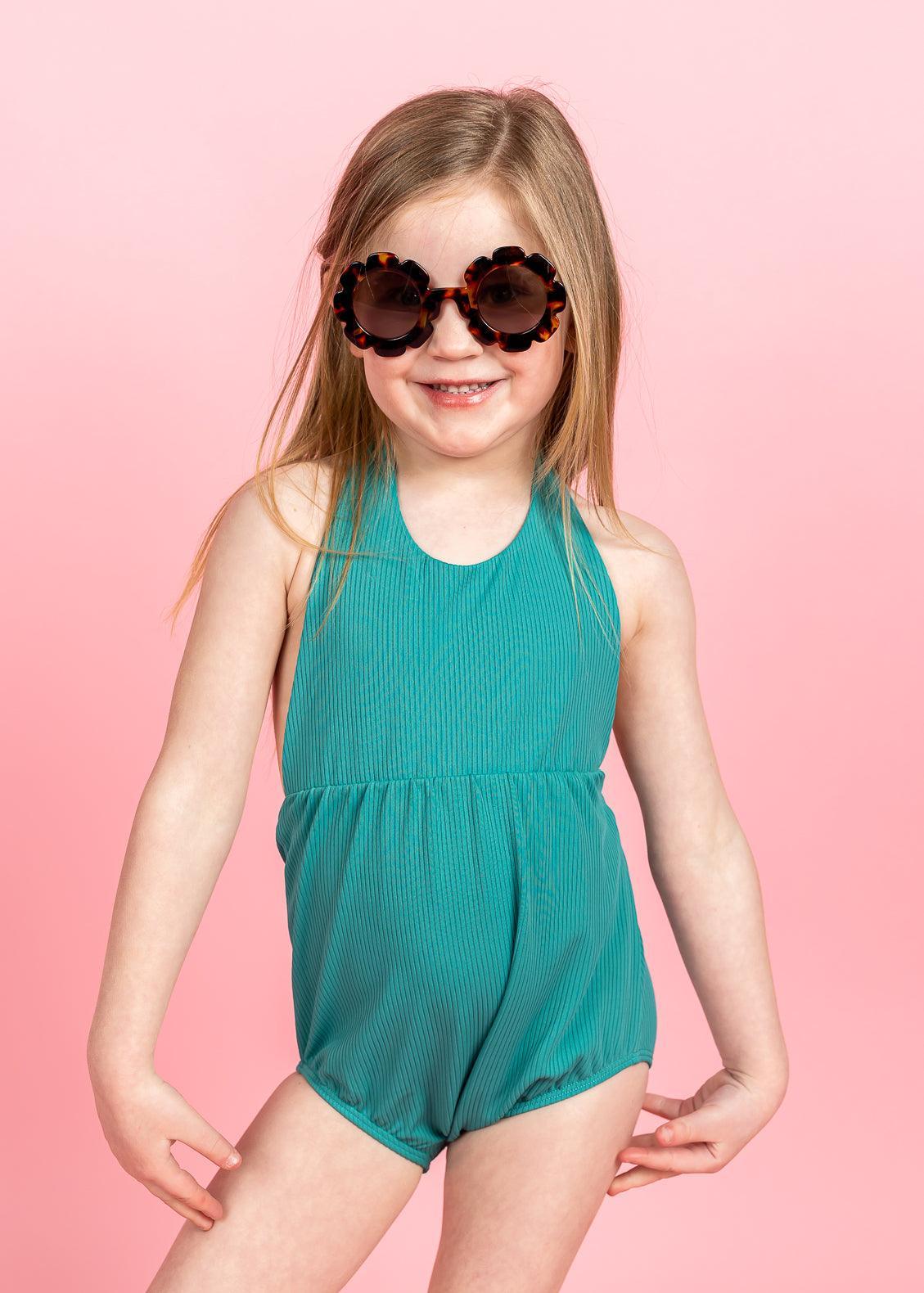 Girls One-Piece Swimsuit - Ribbed Teal Waves