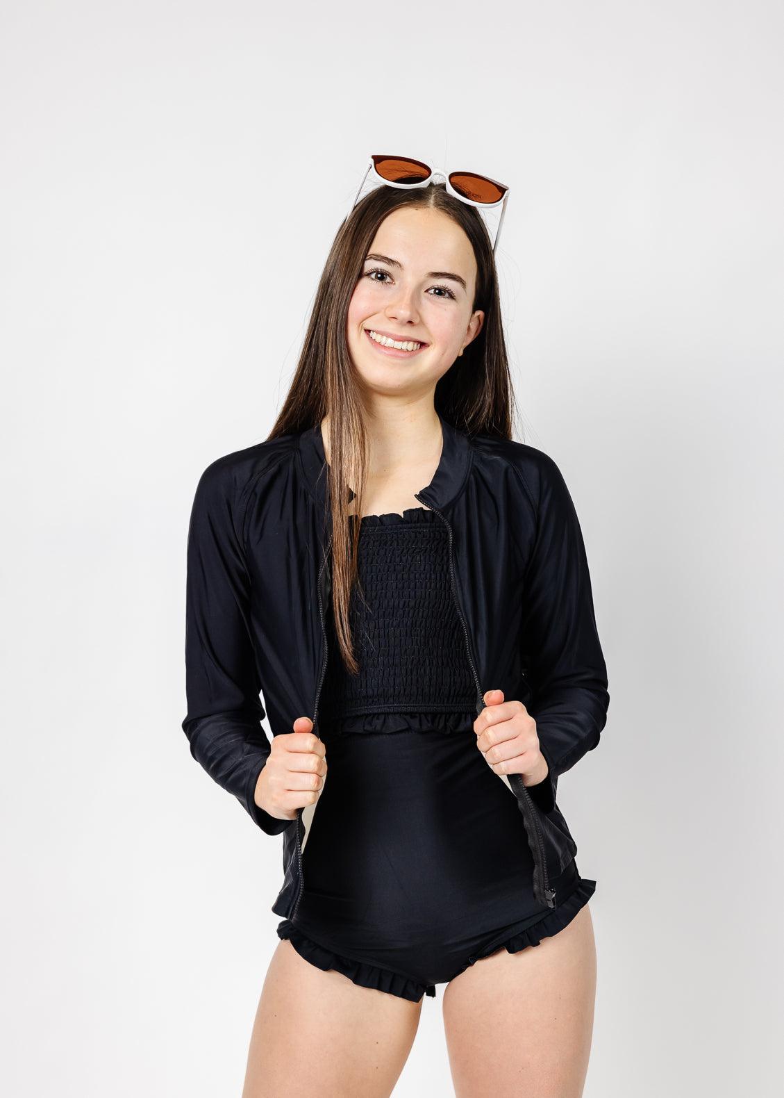 Teen Girl/Boy Swimsuit Rashguard Top - Black