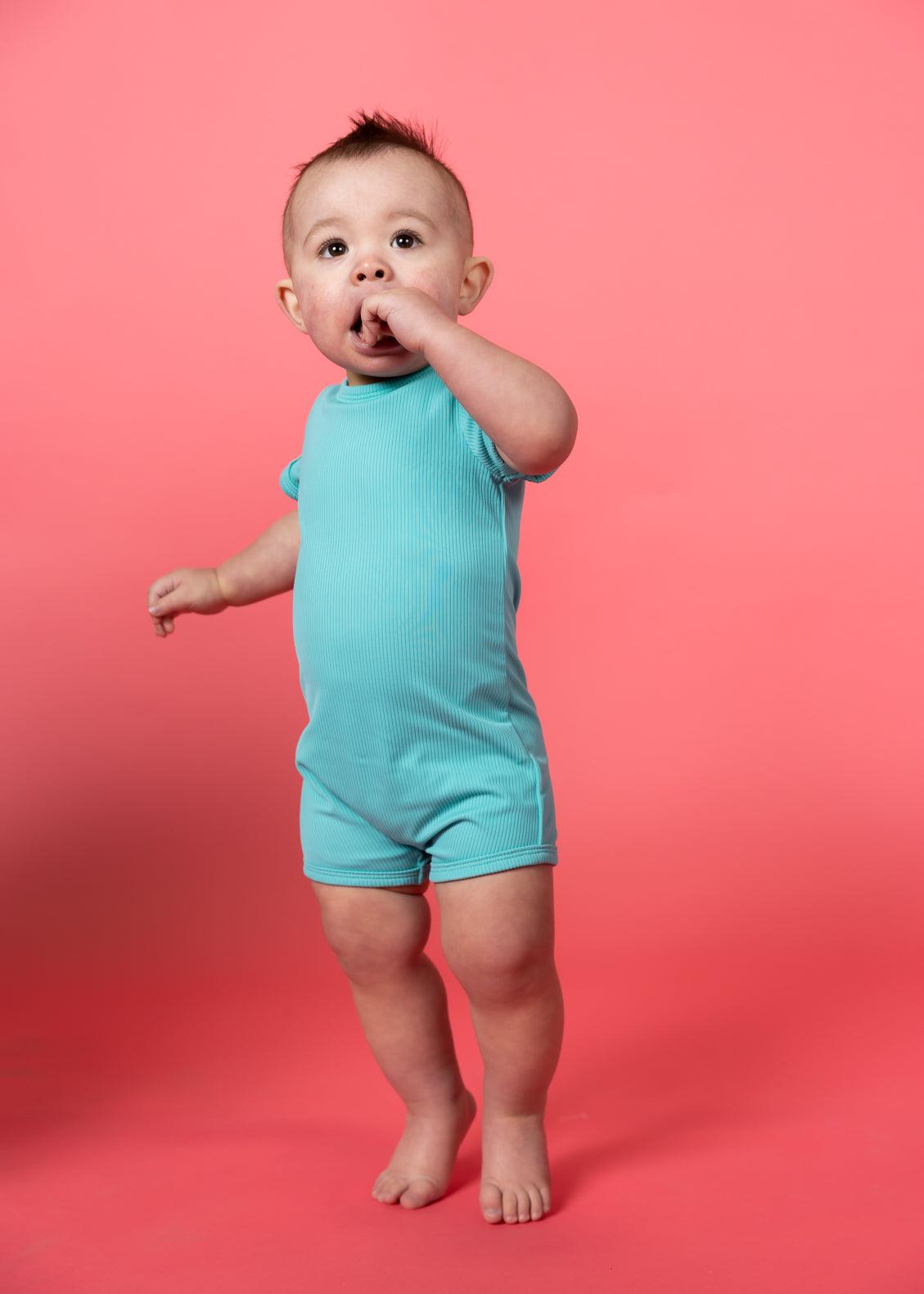Baby Girl/Boy Swimsuit Rashguard One-Piece - Ribbed Aquamarine