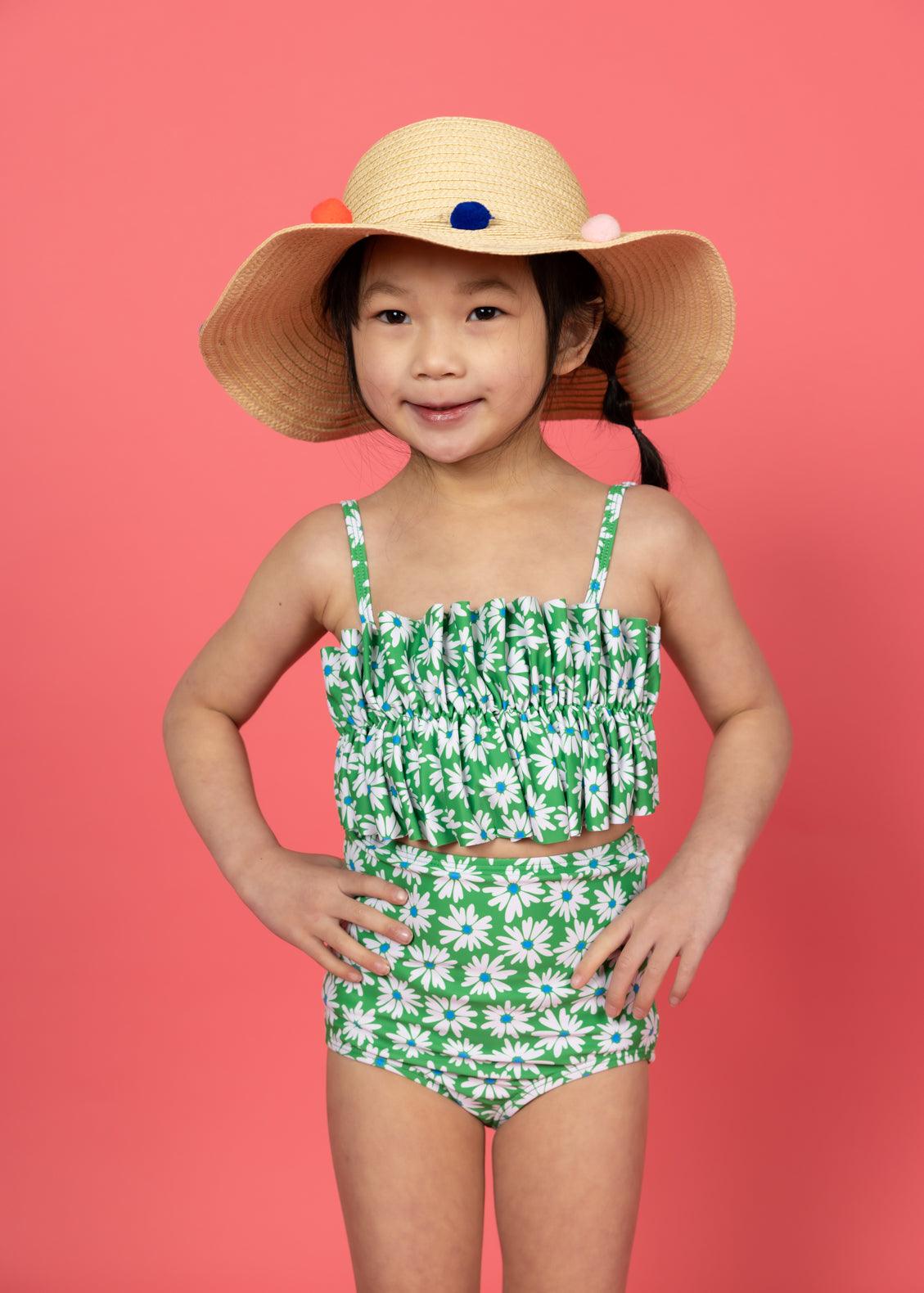 Girls Crop Top Swimsuit - Green Daisy