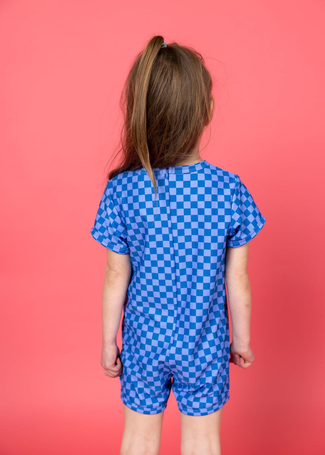 Mini Shorties Rashguard (Unisex) | Blue Checkered - Kortni Jeane