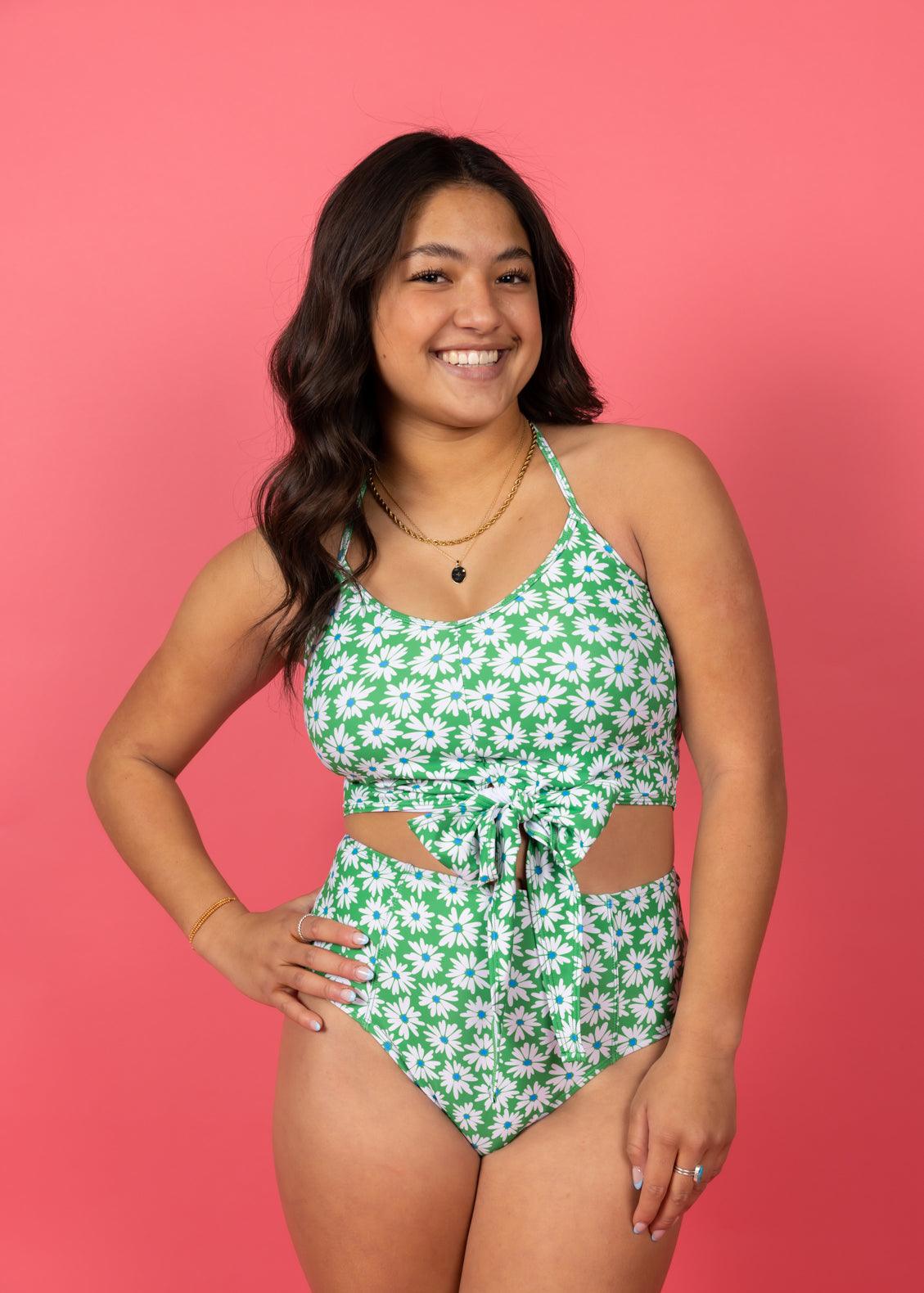 High-Waisted Swimsuit Bottom - Green Daisy