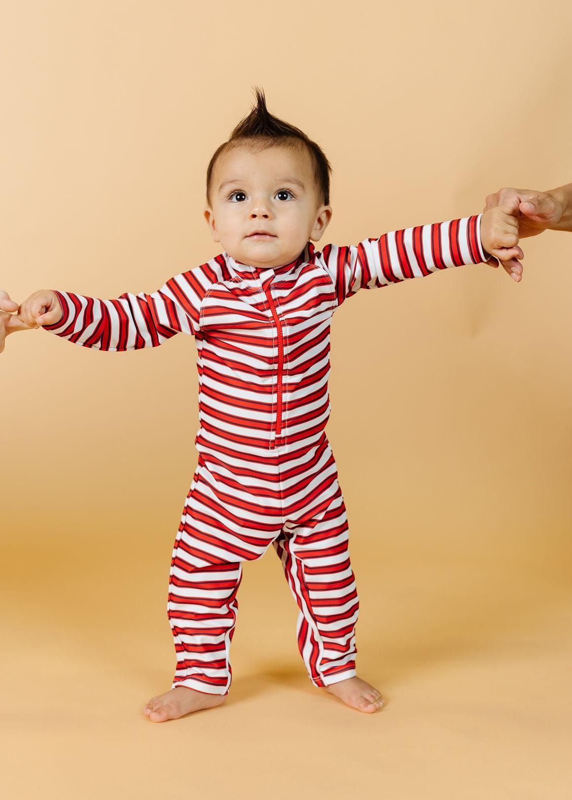 Baby Girl/Boy Swimsuit Rashguard One-Piece - Red + Navy Stripes