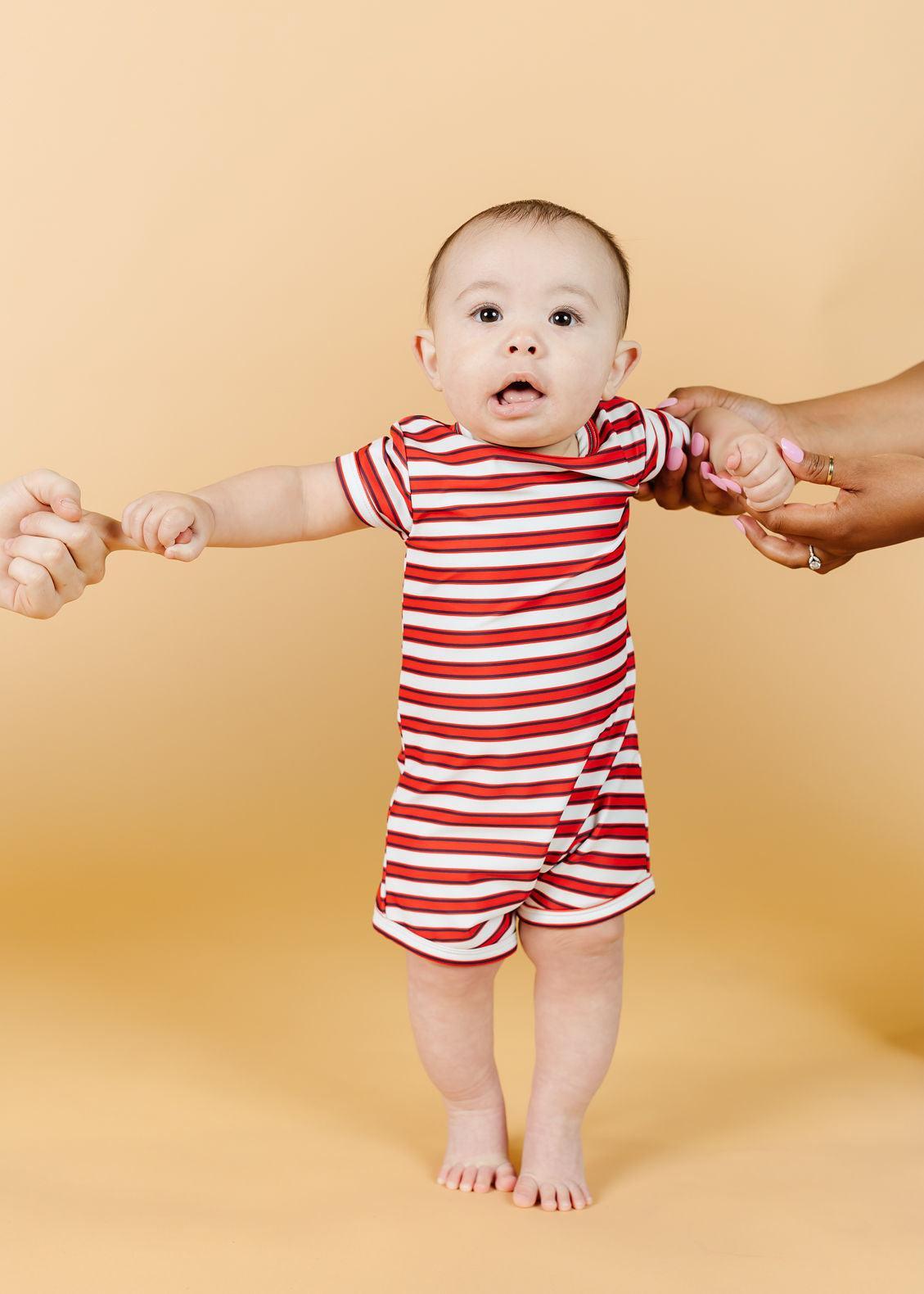 Baby Girl/Boy Swimsuit Shorties Rashguard One-Piece - Red + Navy Stripes
