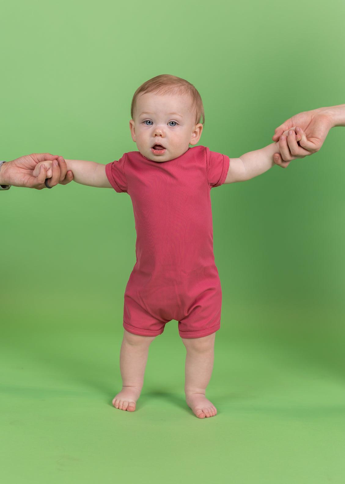 Baby Girl/Boy Swimsuit Shorties Rashguard One-Piece - Ribbed Roseate