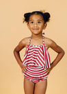 Girls Crop Top Swimsuit - Red + Navy Stripes