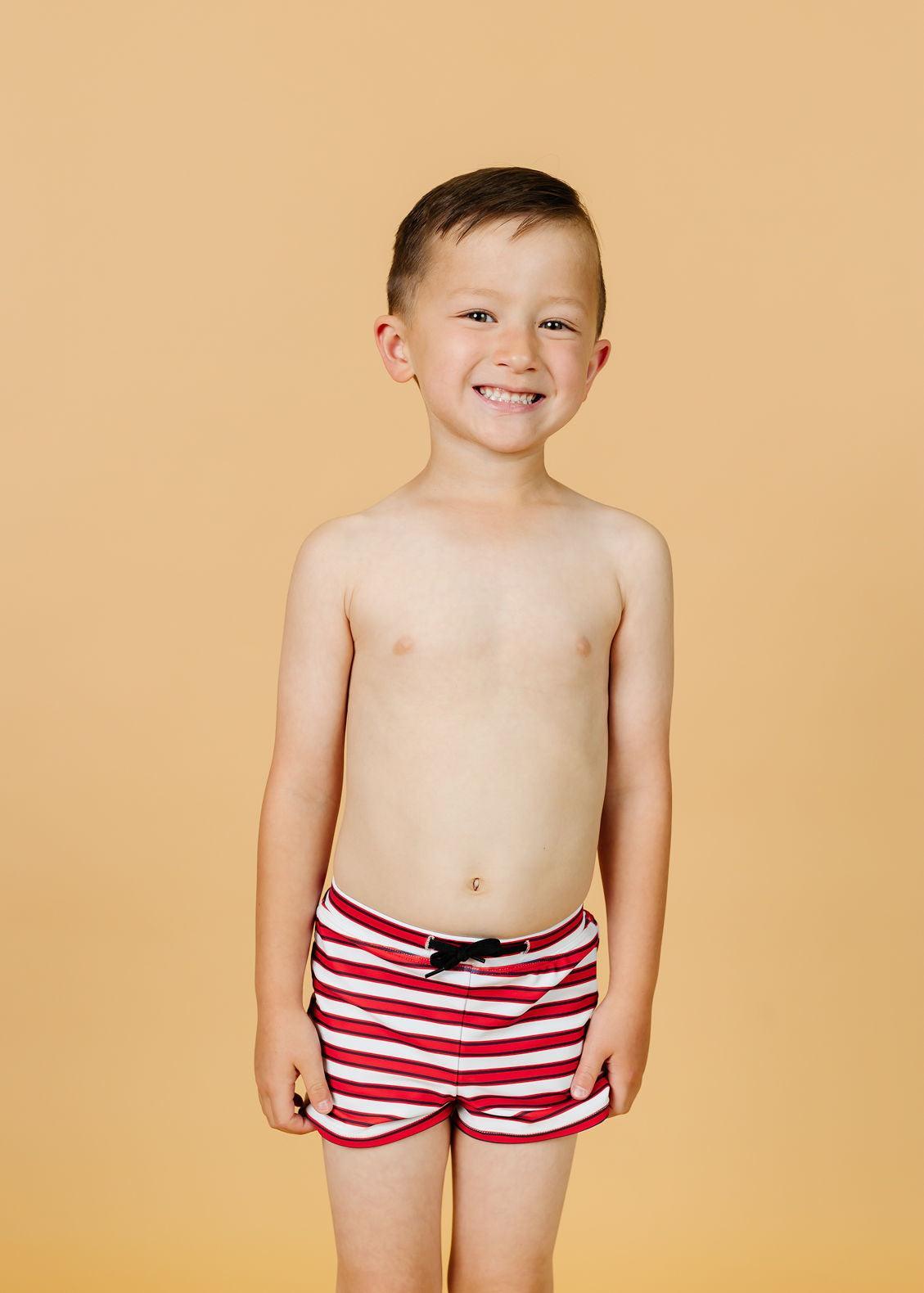 Boys Swimsuit - Shorts - Red + Navy Stripes