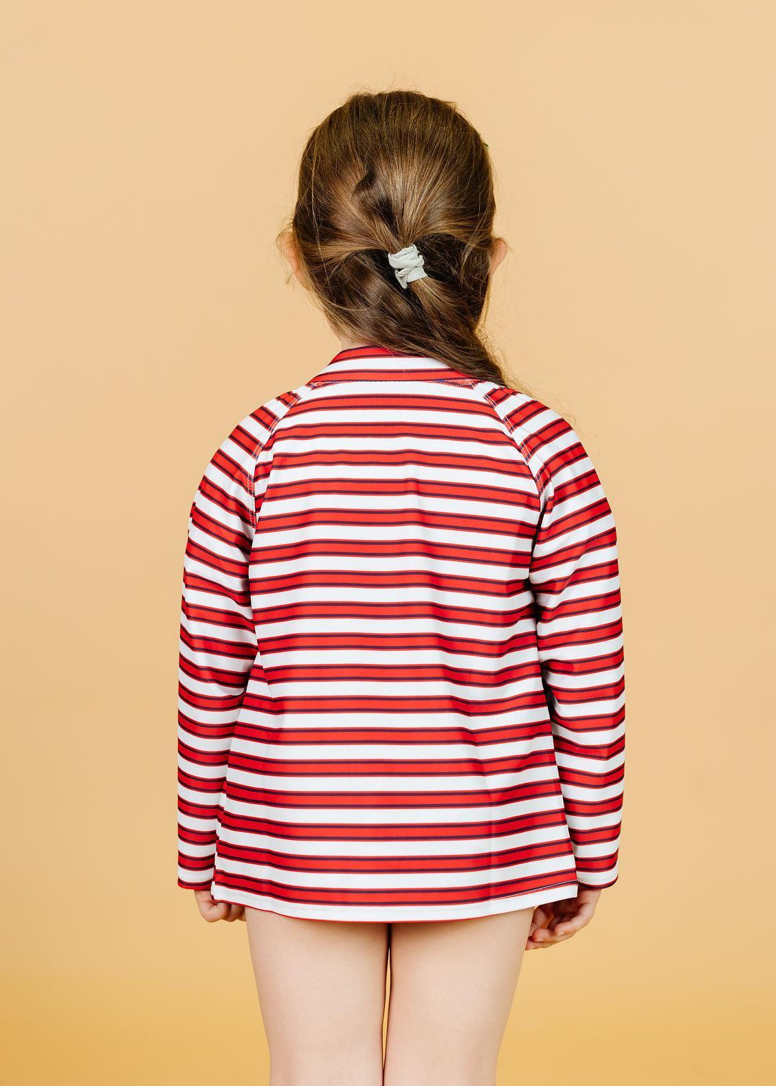 Girl/Boy Swimsuit Rashguard Top - Red + Navy Stripes