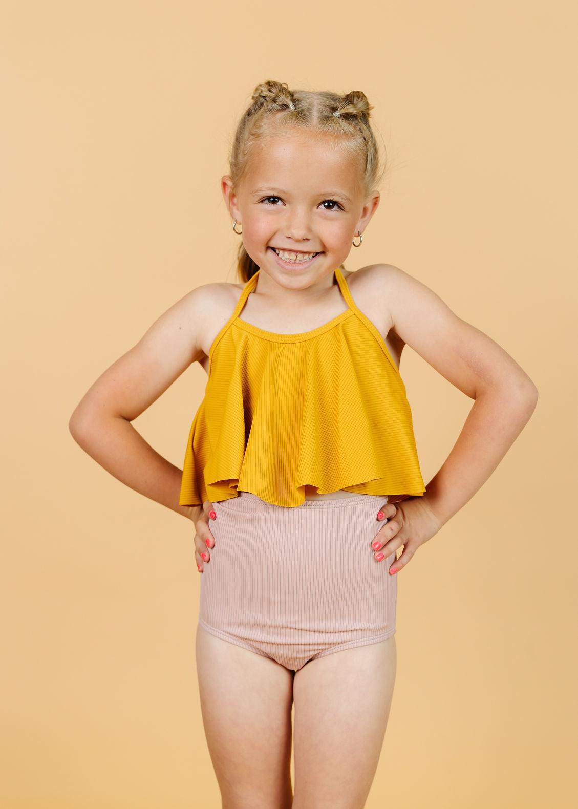 Girls High-Waisted Swimsuit Bottoms - Ribbed Light Mauve