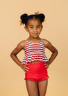 Girls Crop Top Swimsuit - Red + Navy Stripes