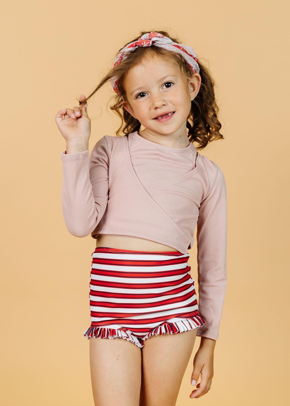 Girls Swimsuit Rashguard Crop Top - Ribbed Light Mauve