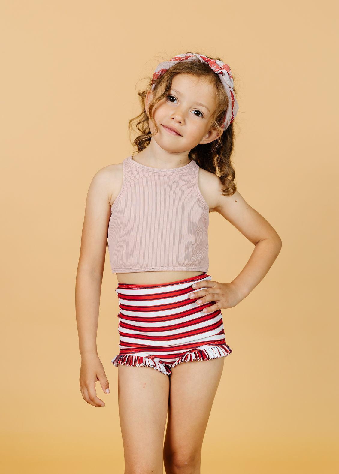 Girls Crop Top Swimsuit - Ribbed Light Mauve