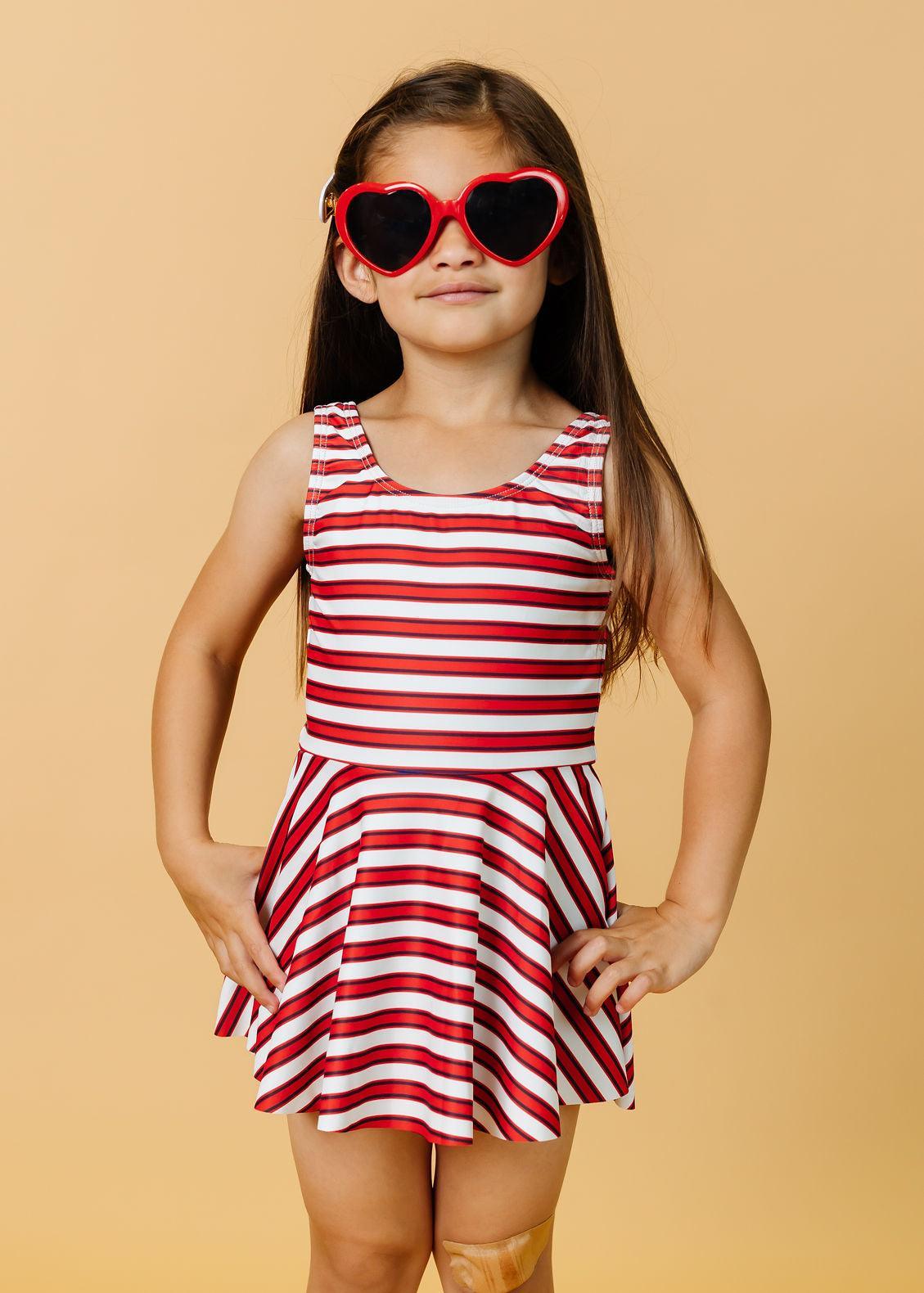 Girls One-Piece Swimsuit - Red + Navy Stripes
