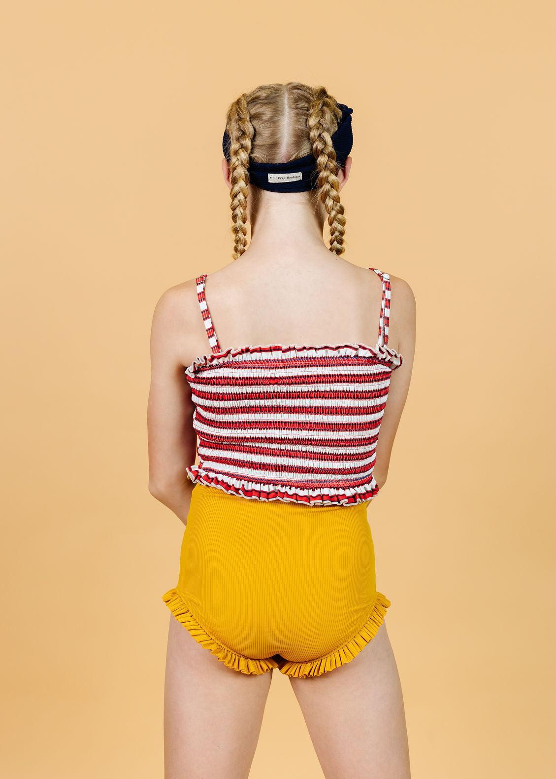 Teen Girl Crop Top Swimsuit - Red + Navy Stripes