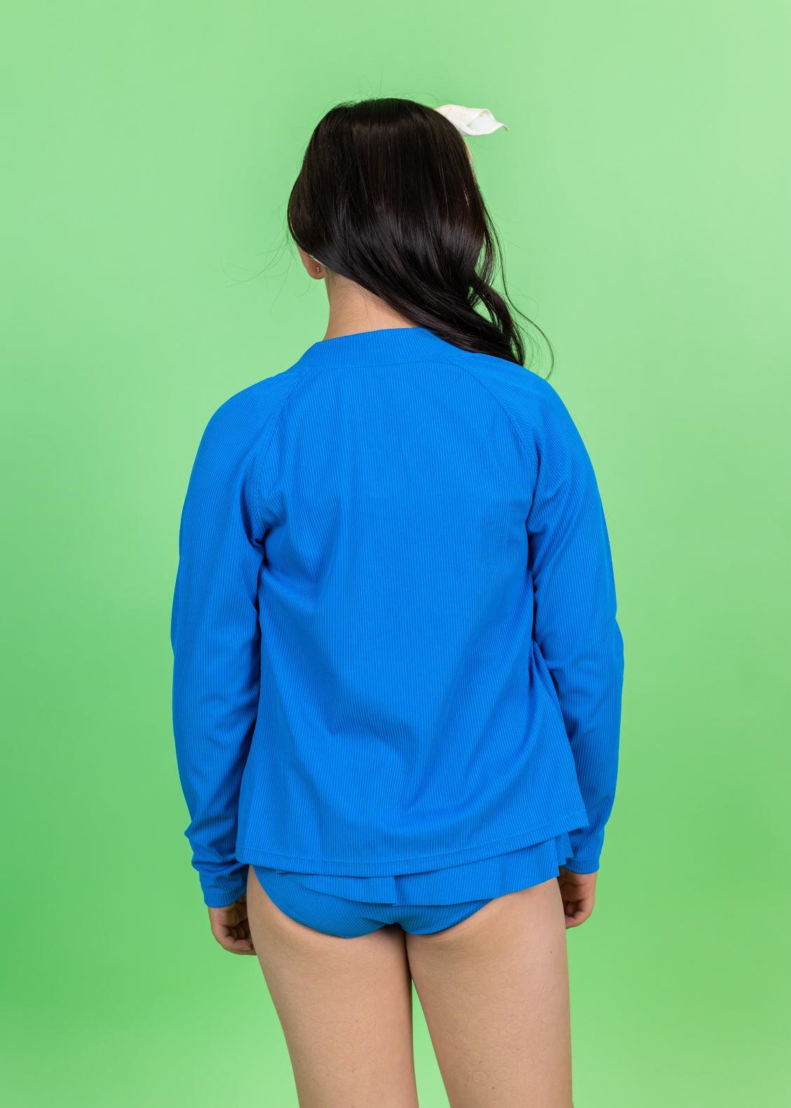 Teen Girl/Boy Swimsuit Rashguard Top - Ribbed Electric Blue