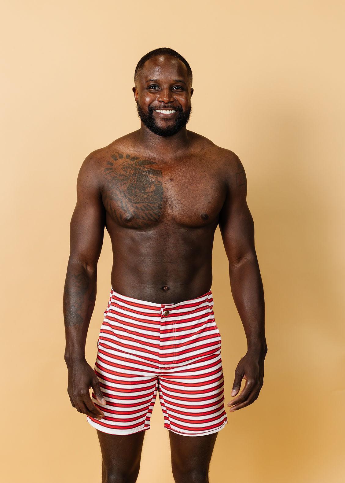 Mens Swimsuit - Shorts - Red + Navy Stripes