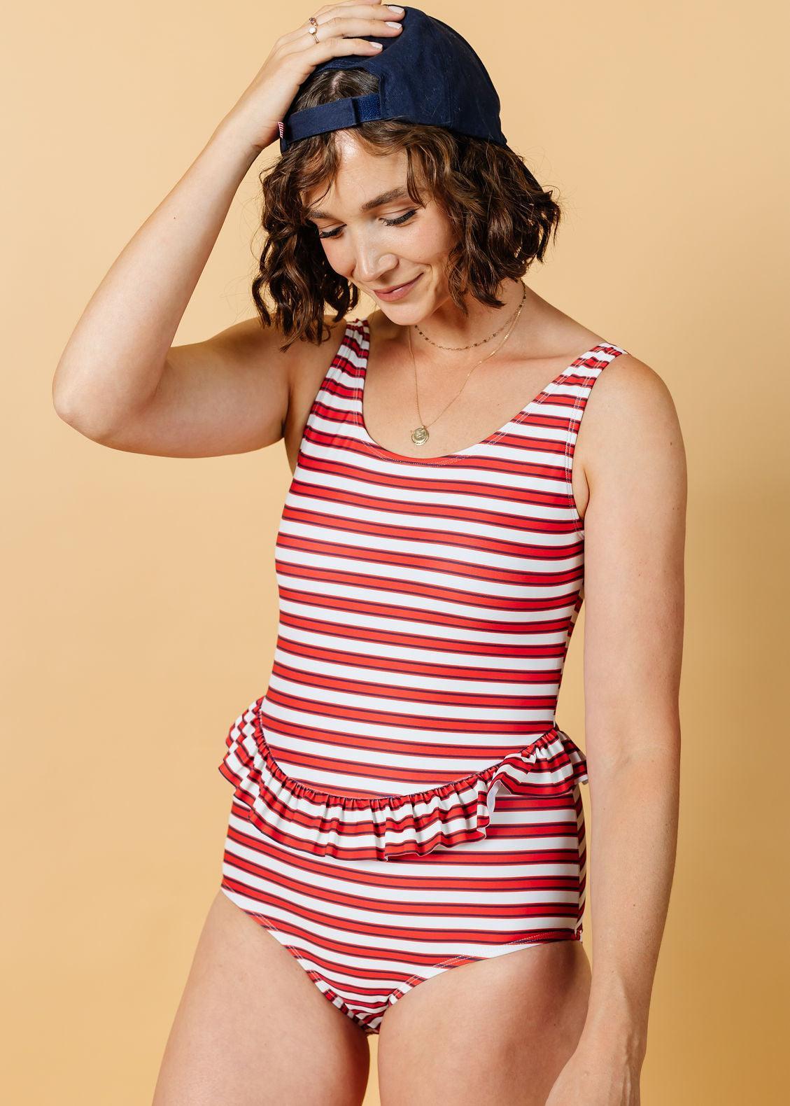 One-Piece Swimsuit - Red + Navy Stripes