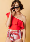 High-Waisted Swimsuit Bottom - Red + Navy Stripes