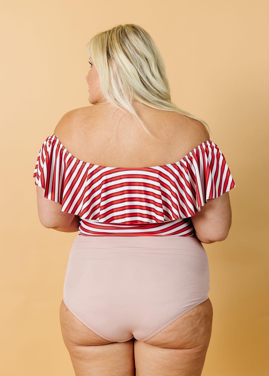 Crop Top Swimsuit - Red + Navy Stripes