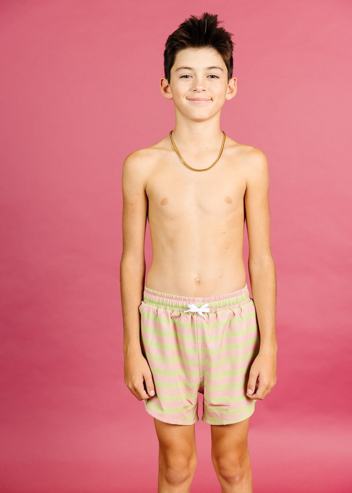Teen Boy Swimsuit - Shorts - Pink/Green Stripe