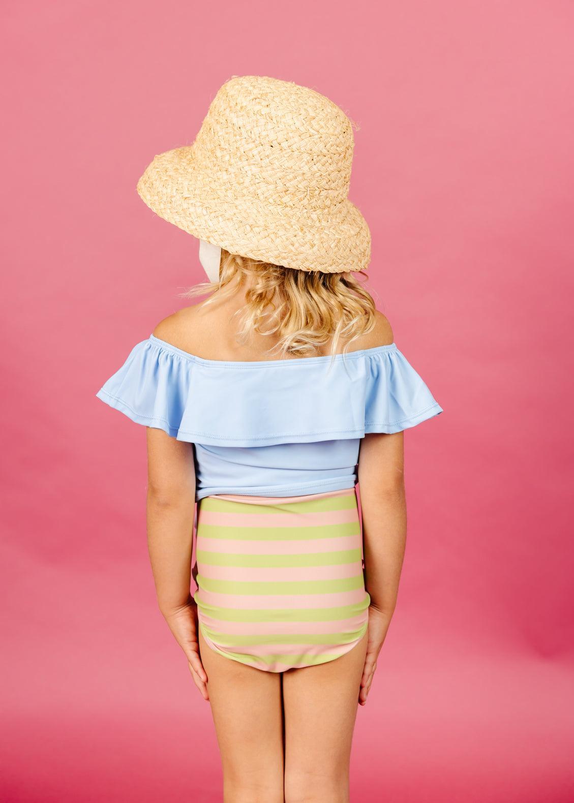 Girls High-Waisted Swimsuit Bottoms - Pink/Green Stripe