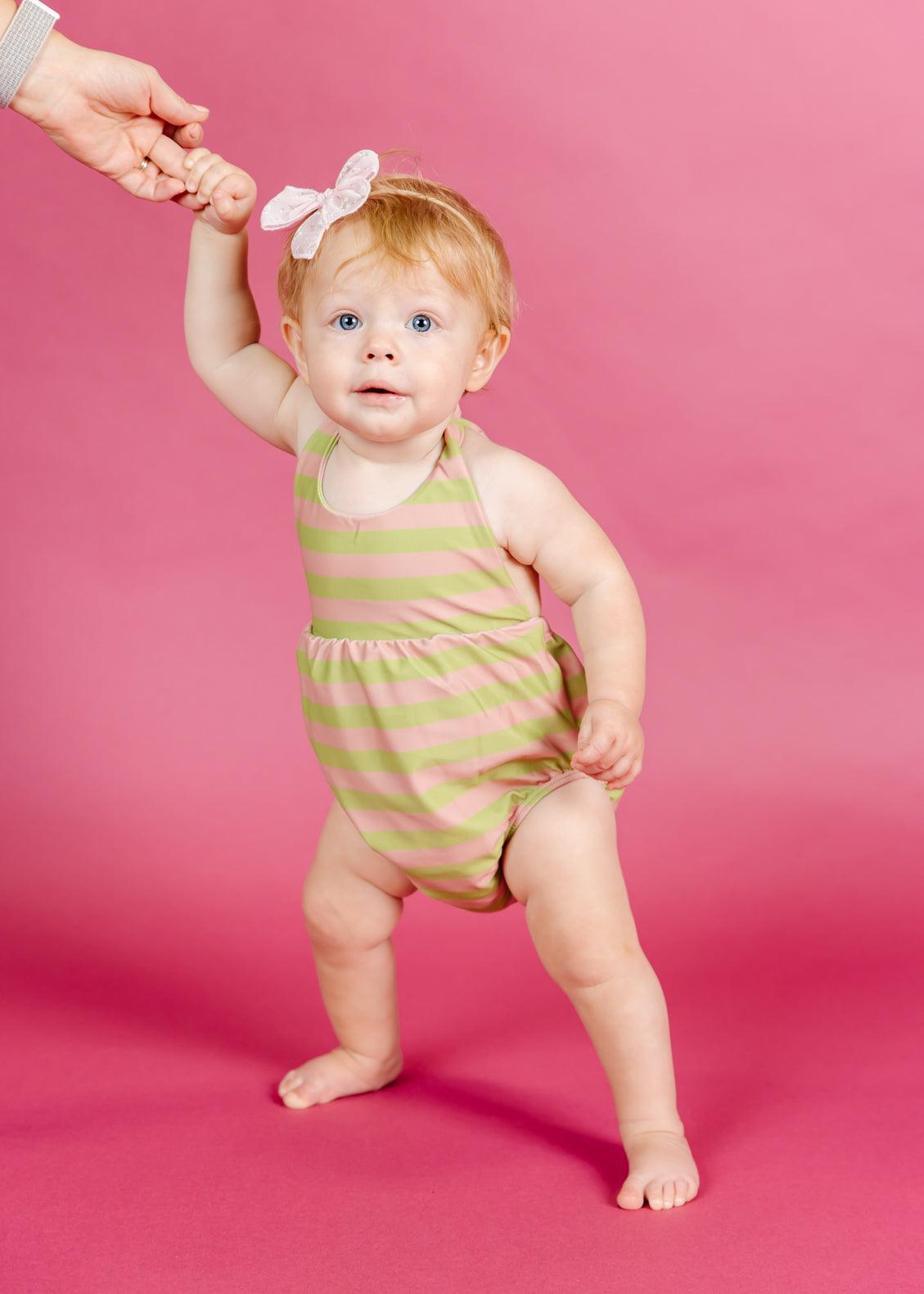 Baby Girl One-Piece Swimsuit - Pink/Green Stripe