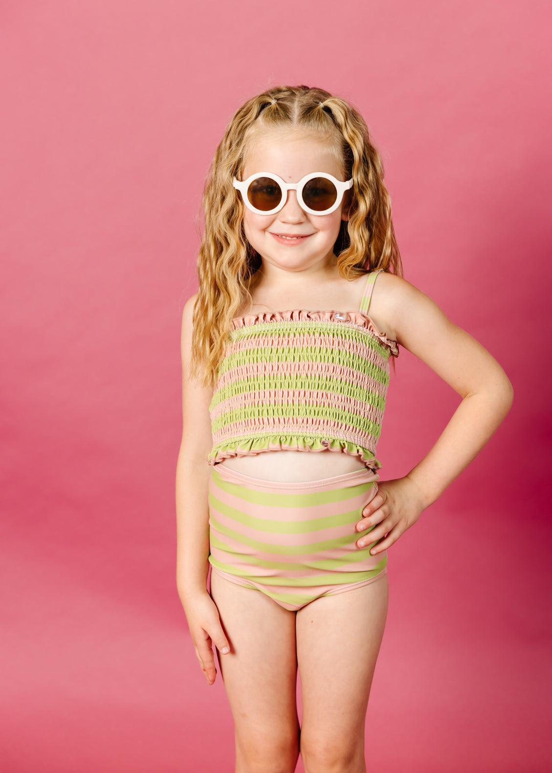 Girls Crop Top Swimsuit - Pink/Green Stripe