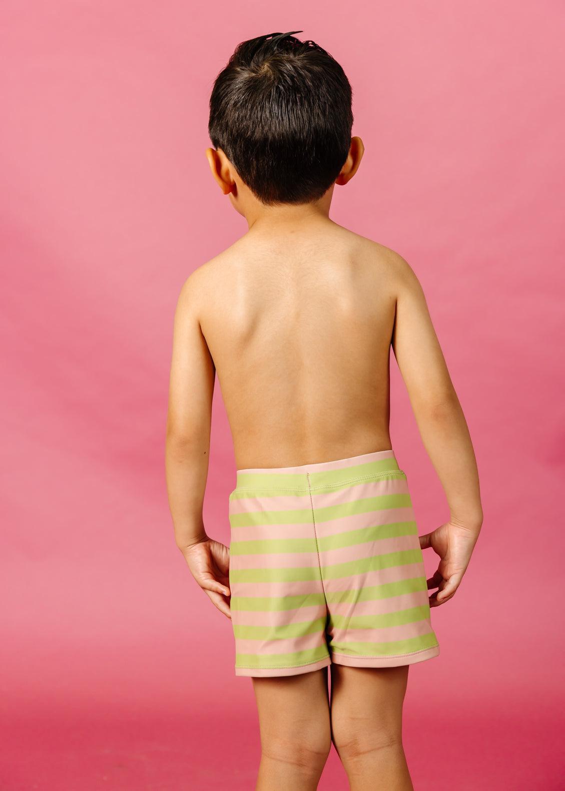Boys Swimsuit - Shorts  - Pink/Green Stripe