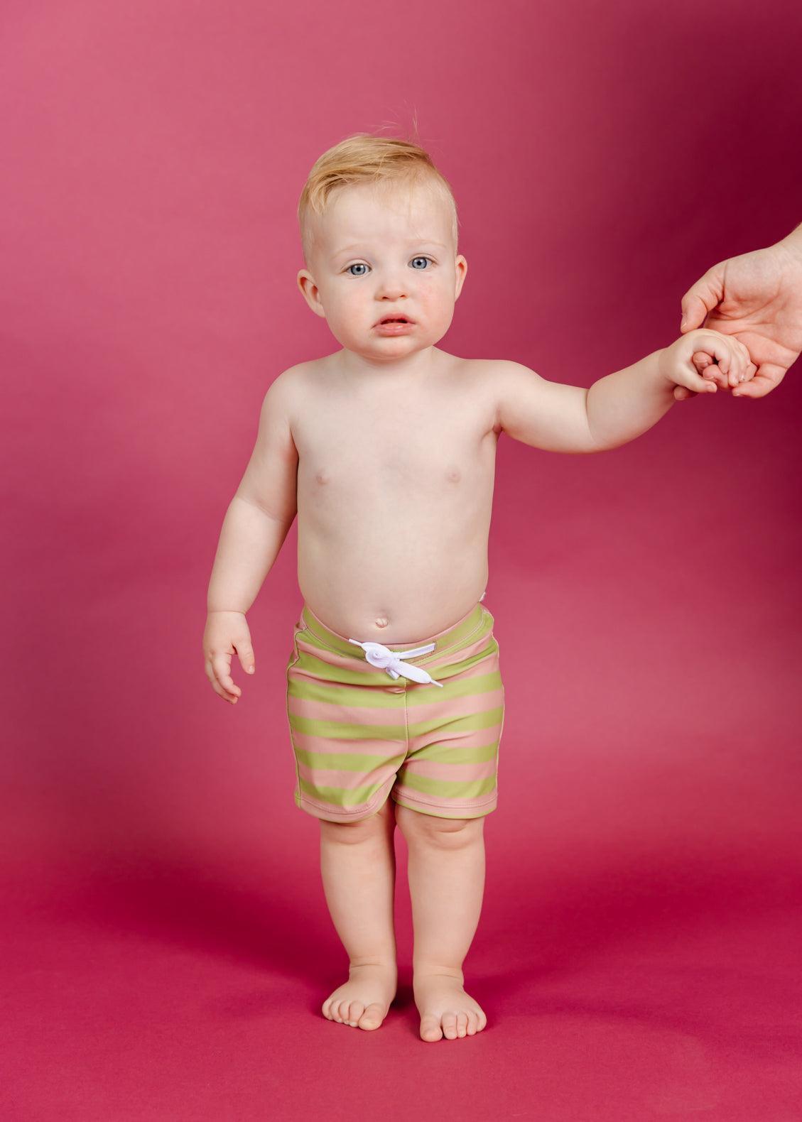 Baby Boy Swimsuit - Shorts - Pink/Green Stripe
