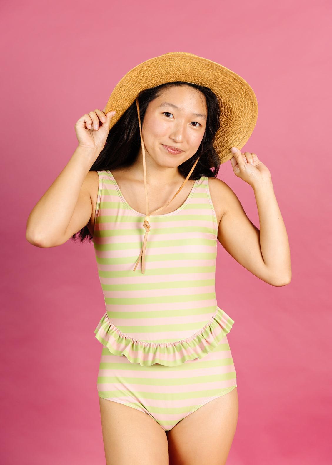 One-Piece Swimsuit - Pink/Green Stripe