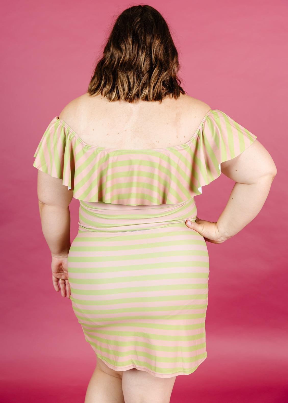 High-Waisted Swimsuit Bottom - Skirt - Pink/Green Stripe
