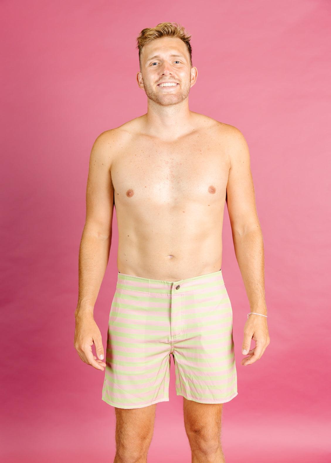 Mens Swimsuit - Shorts - Pink/Green Stripe