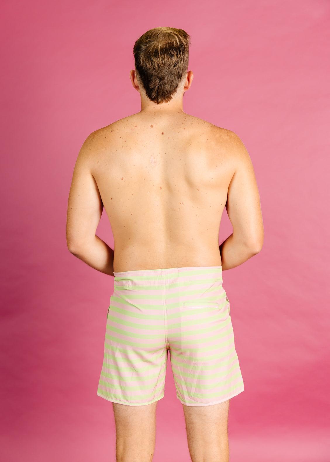 Mens Swimsuit - Shorts - Pink/Green Stripe