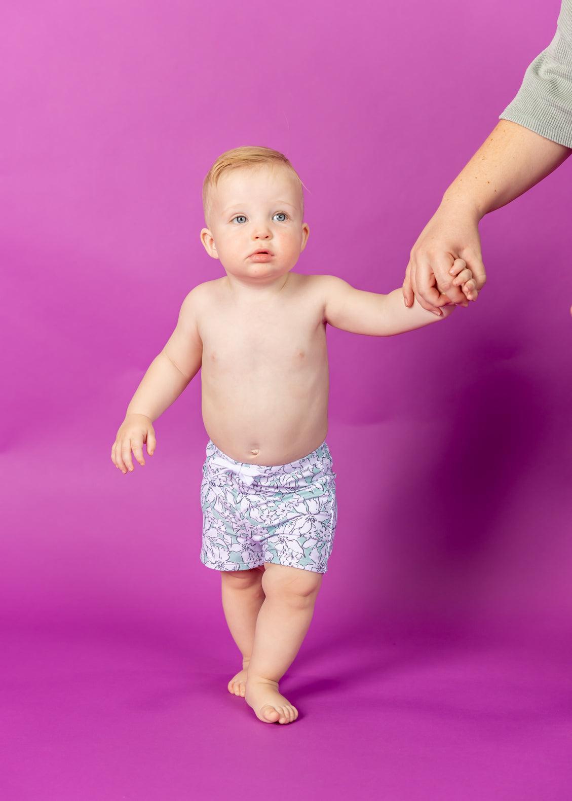 Baby Boy Swimsuit - Shorts - Mint Flowers