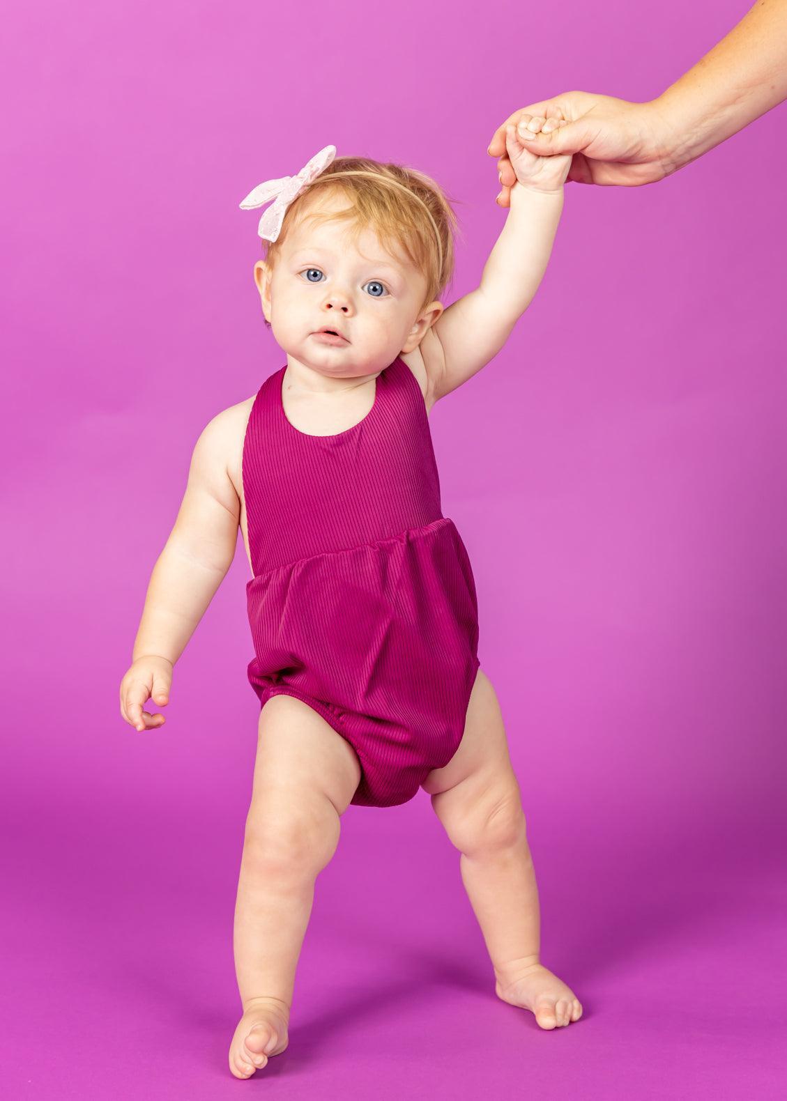 Baby Girl One-Piece Swimsuit - Ribbed Deep Plum