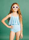 Girls Crop Top Swimsuit - Ribbed Fresh Blue