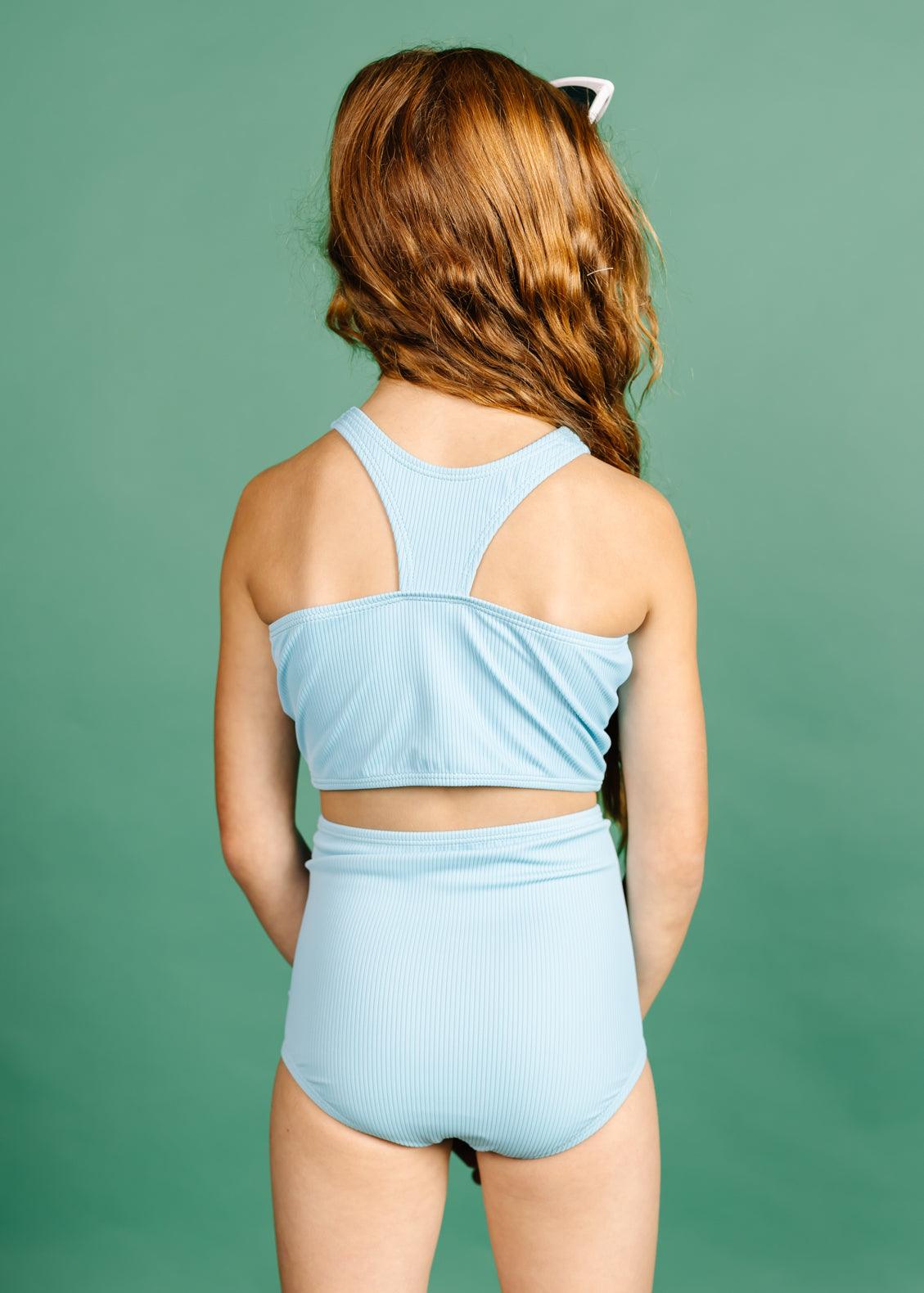 Girls Crop Top Swimsuit - Ribbed Fresh Blue